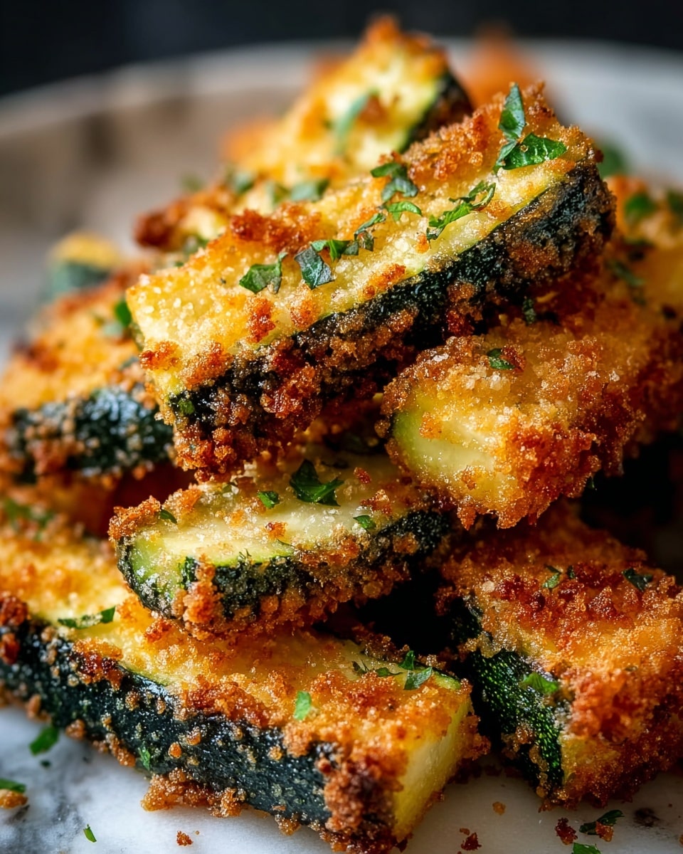 The image shows a close-up of crispy fried zucchini sticks stacked in a small pile. Each zucchini stick has three visible layers: the dark green shiny skin on the outside, a bright green inner layer, and a thick, golden-brown crunchy coating made of breadcrumbs and fried to crisp. Small bits of green herbs are sprinkled over the zucchini sticks, adding color contrast. The zucchini pieces look moist inside but crunchy on the outside. The background is a white marbled texture. photo taken with an iphone --ar 4:5 --v 7