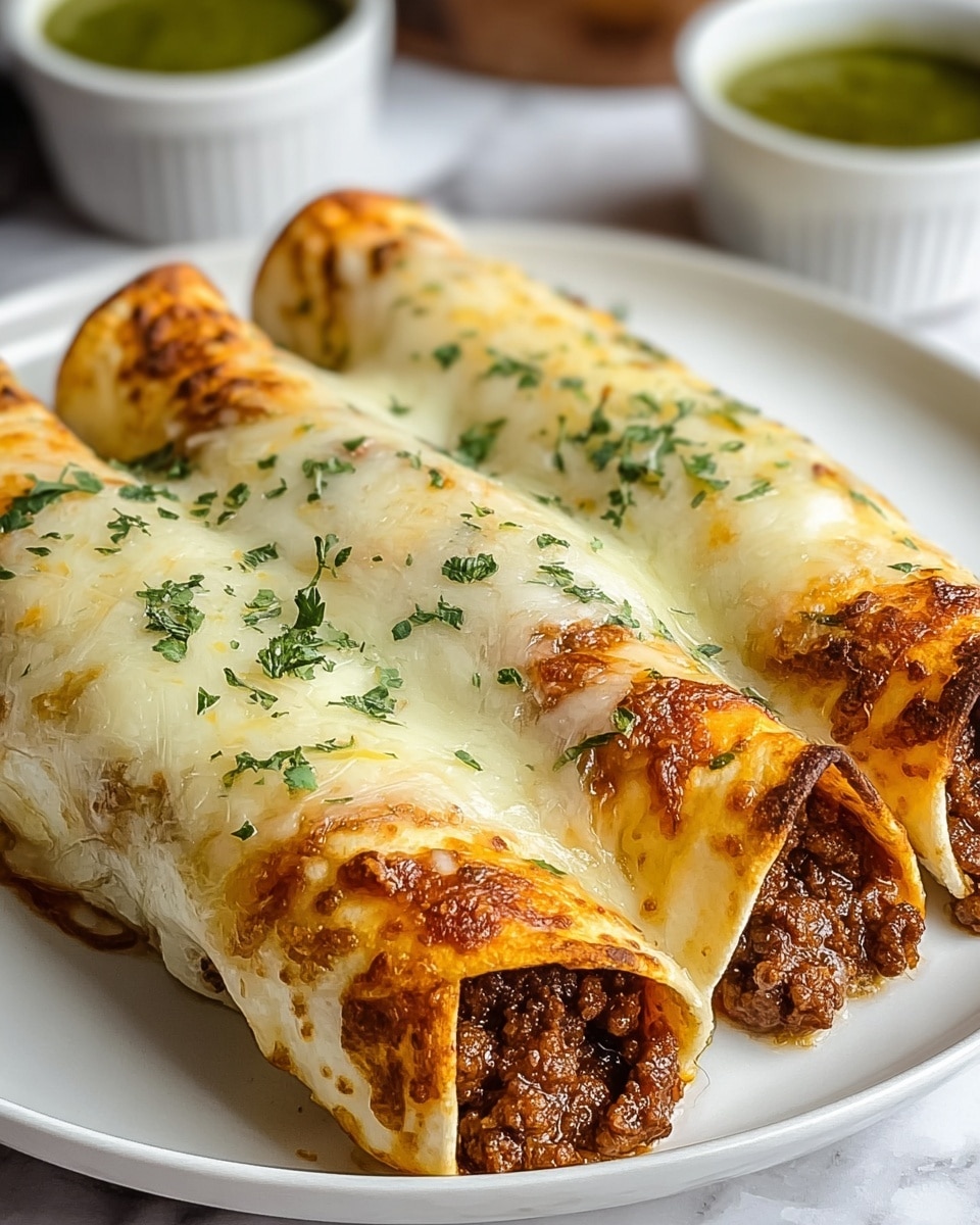 Three rolled cannelloni pasta tubes stuffed with finely ground brown meat sit closely side by side on a white plate. Each pasta tube is covered with a smooth layer of melted white cheese that has golden brown spots and a slightly oily sheen. Finely chopped green herbs are sprinkled on top of the cheese, adding a fresh contrast. The cannelloni edges show a slight orange tint from the sauce beneath the cheese. The plate is placed on a surface with a white marbled texture. Photo taken with an iphone --ar 4:5 --v 7