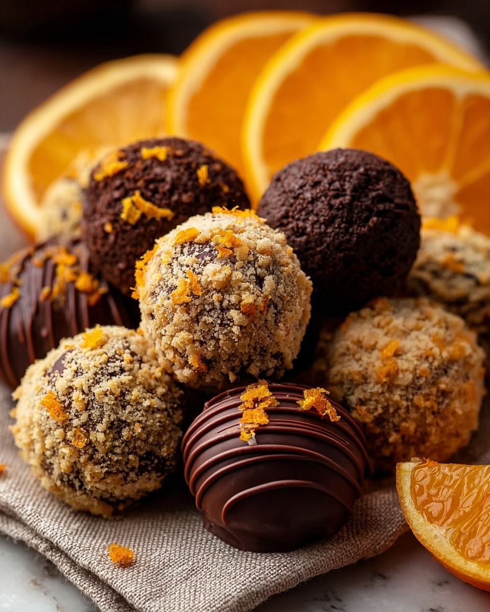 The image shows a pile of round chocolate truffles with three different coatings, placed on a beige textured fabric over a white marbled surface. The first type of truffle has a dark, crumbly texture with small orange zest bits on top and in the coating. The second type is covered in smooth dark chocolate with drizzled lines of chocolate on top along with small orange zest bits. The third type is coated in a crumbly beige coating with orange zest pieces scattered on it. Behind the truffles, there are several slices of bright orange that add a vibrant color contrast. photo taken with an iphone --ar 4:5 --v 7