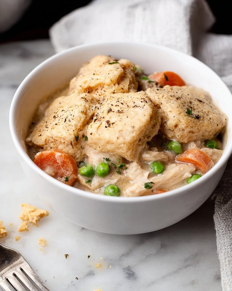 A white bowl filled with creamy chicken pot pie with visible layers of tender light brown baked biscuit pieces on top sprinkled with black pepper, underneath is a thick, beige creamy sauce with orange carrot slices, bright green peas, and small pieces of pale chicken. Some biscuit crumbs are scattered near the bowl on a white marbled surface. photo taken with an iphone --ar 4:5 --v 7