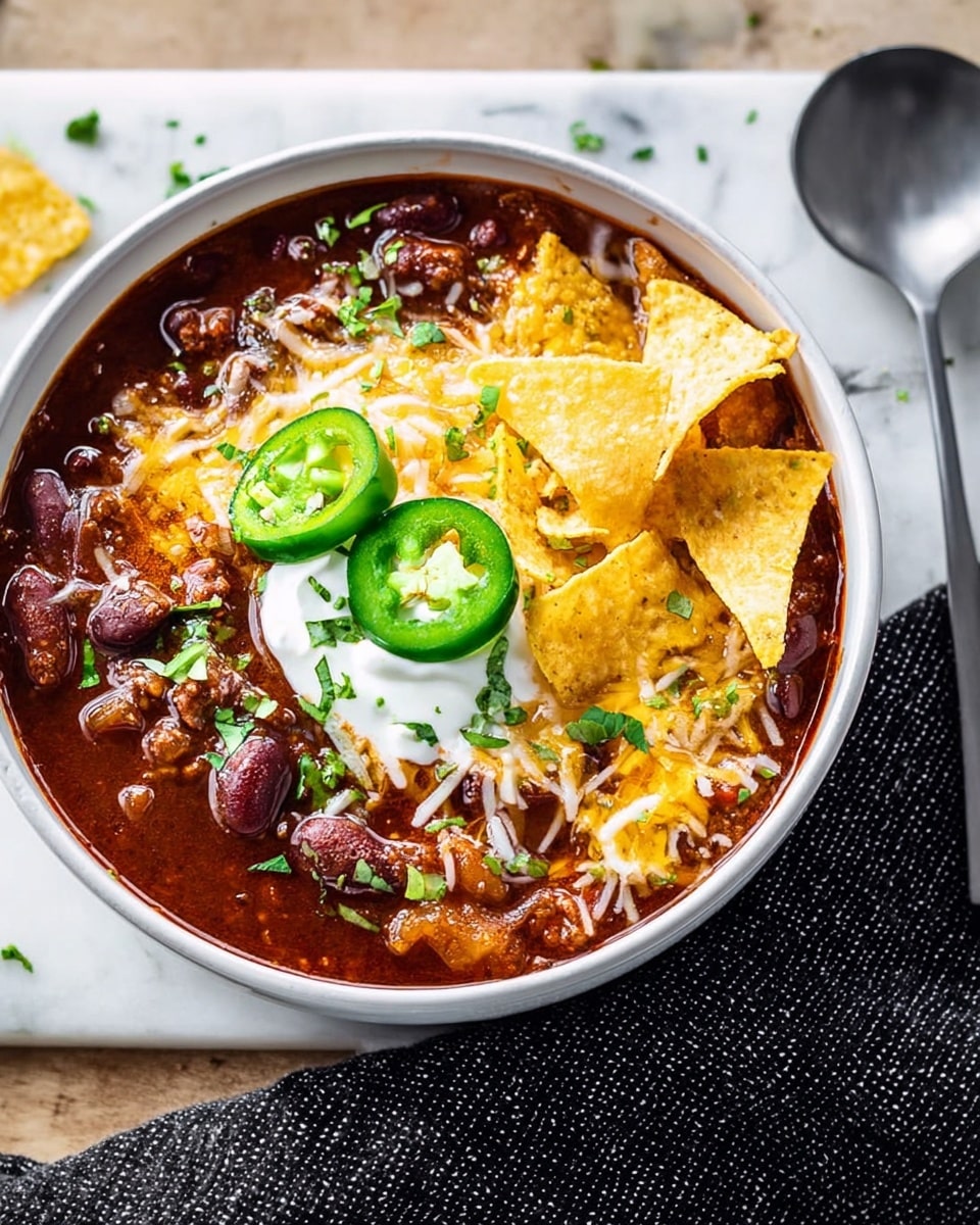 A bowl filled with dark red chili topped with melted light orange and white shredded cheese, a dollop of white sour cream with green herb pieces on top, and two bright green slices of jalapeño on the surface. A large yellow tortilla chip is placed on the left edge of the bowl, and small bits of crushed tortilla chips are scattered on the chili. The bowl is white and sits on a white marbled surface with scattered green herb pieces and jalapeño slices nearby, accompanied by a spoon and fork in the background. photo taken with an iphone --ar 4:5 --v 7