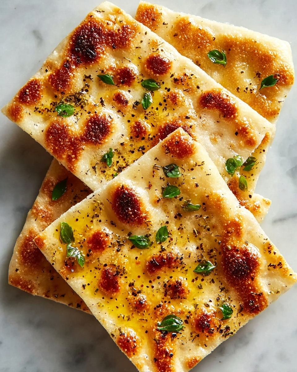 Three pieces of golden flatbread are stacked casually on a white marbled surface. Each piece shows a crispy, bubbly texture on top with browned spots indicating it is well toasted. The surface of the flatbread has a glistening layer of melted butter with a yellowish hue mixed with cracked black pepper. Small green leaves of fresh herbs are scattered across the flatbread, adding bits of color contrast. The flatbreads look soft yet crunchy around the edges. photo taken with an iphone --ar 4:5 --v 7