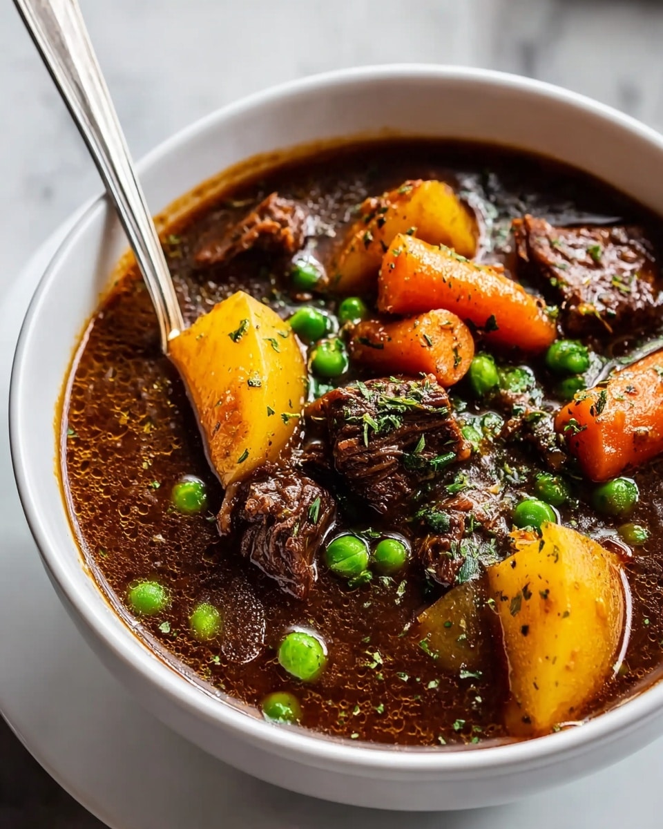 A white bowl filled with a rich beef stew showing three large chunks of yellowish potatoes, two bright orange baby carrots positioned diagonally, several small bright green peas scattered throughout, and shredded brown beef pieces mixed with herbs, all sitting in a thick brown broth. The stew has a hearty, textured look with a sprinkle of fresh green herbs on top. The bowl is placed on a white marbled surface. photo taken with an iphone --ar 4:5 --v 7