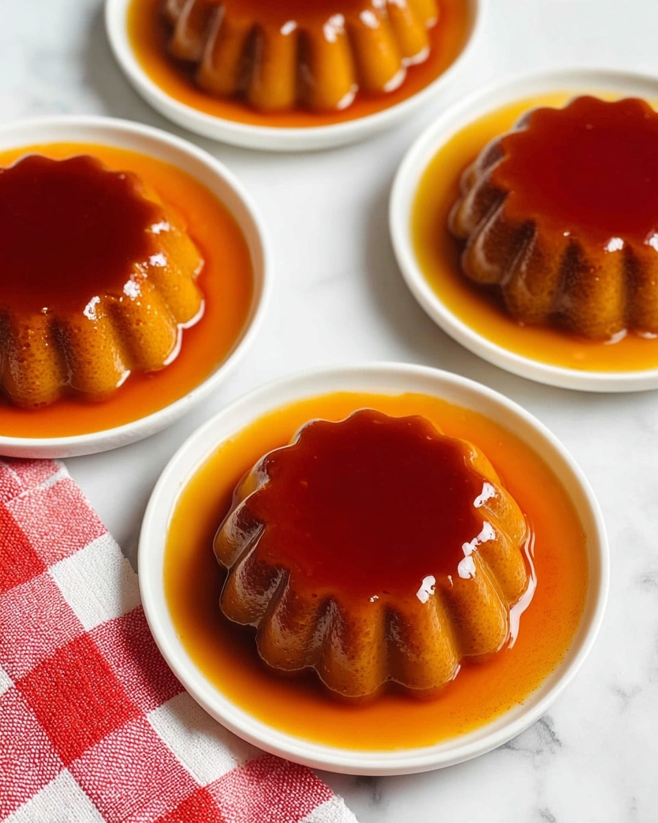 The image shows four small white round plates each holding a single flan dessert. Each flan is shiny and smooth with a deep caramel brown color on top, surrounded by a pool of lighter orange caramel sauce. The flans have a flower-like shape with rounded petal edges that create soft shadows and highlights. The close-up view reveals a moist, jelly-like texture and a glossy surface that reflects light softly. The plates are set on a white marbled texture surface with a red and white checkered cloth partially visible in the lower left corner. photo taken with an iphone --ar 4:5 --v 7