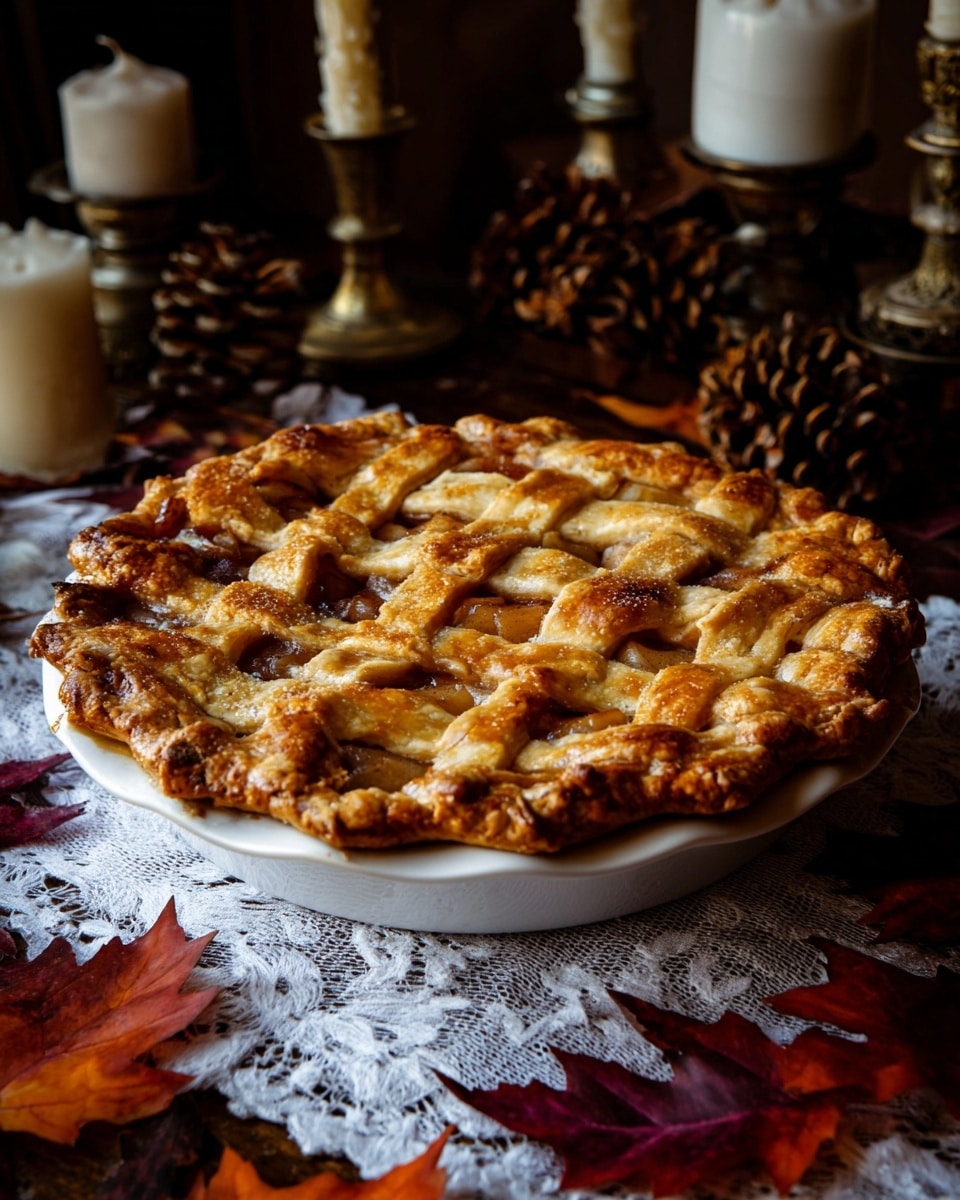 A golden-brown apple pie with a thick lattice crust sits on a white plate. The crust is flaky and slightly crimped around the edges with a rough texture. Underneath the lattice, slices of soft, warm apple filling with a golden caramel color peek through. The pie rests on a white lace cloth, surrounded by red and orange autumn leaves and large brown pinecones, with an ornate brass candle holder and white candles in the background. The overall scene has warm, soft lighting giving a cozy fall atmosphere. photo taken with an iphone --ar 4:5 --v 7