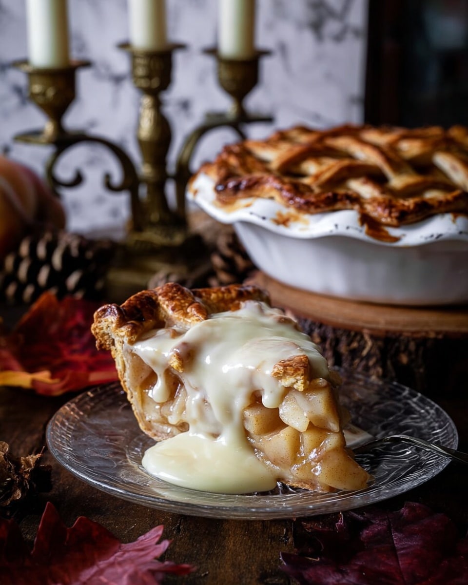 A slice of apple pie sits on a clear glass plate on a wooden table with dark red autumn leaves scattered around. The pie slice has a golden-brown crust with a thick layer of smooth, creamy white sauce poured over the top, dripping down the sides. Inside the pie, visible apple chunks with a light caramelized look fill the slice. Behind the slice, a white ceramic pie dish holds the rest of the pie with a richly browned and flaky lattice crust. In the background, an ornate brass candelabra with white candles and some pinecones add a warm, rustic touch, all set against a white marbled textured surface. photo taken with an iphone --ar 4:5 --v 7