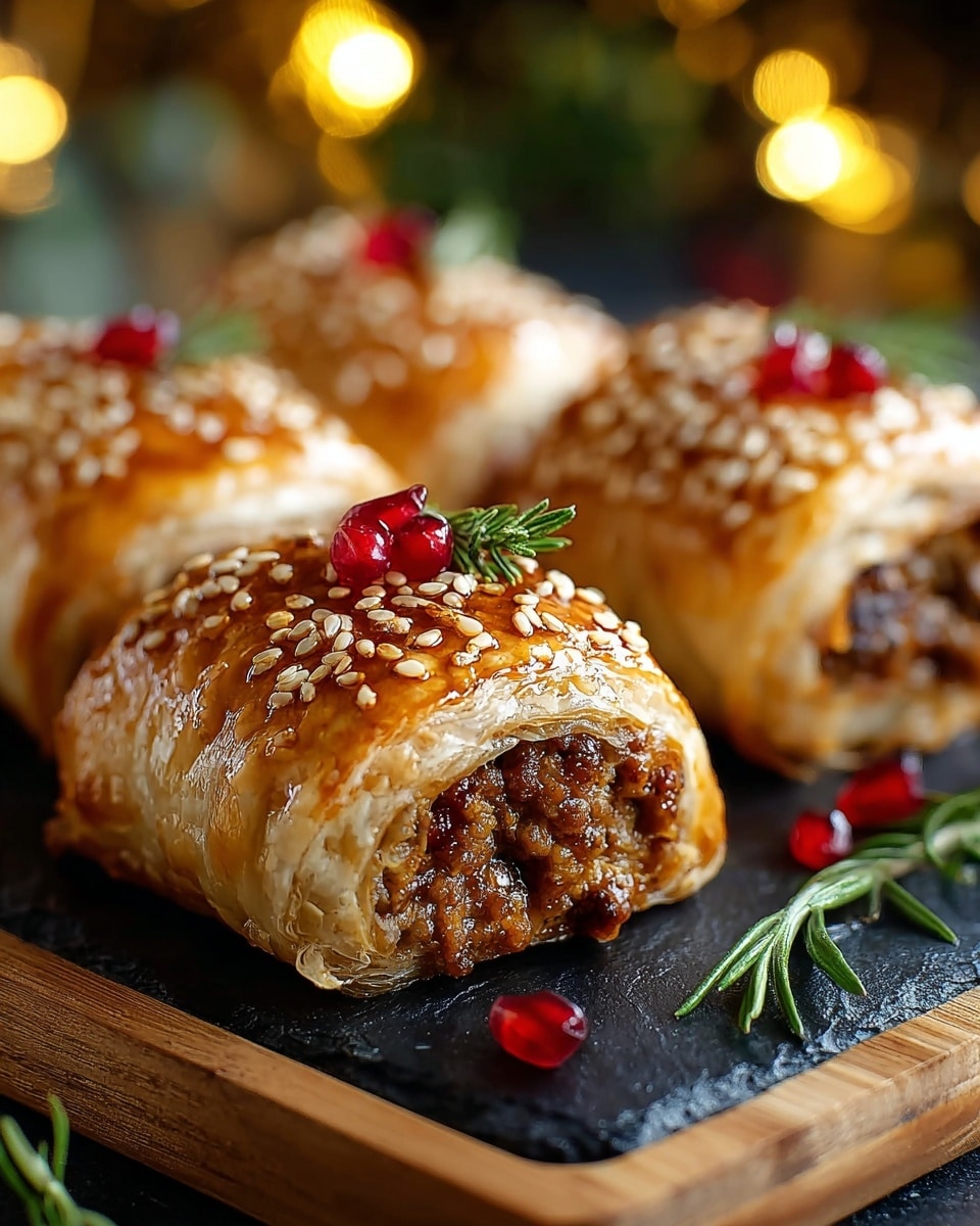 A close-up view of three golden brown pastries with a shiny, flaky, layered crust, each piece topped with small white flakes and bits of herbs. The inside filling is a dark, dense mixture that looks soft and juicy with visible chunks of nuts or spiced ingredients. The pastries are placed on a dark wooden board, and the background features blurry warm yellow lights and hints of red. The overall texture of the pastry layers is crispy and delicate. Photo taken with an iphone --ar 4:5 --v 7