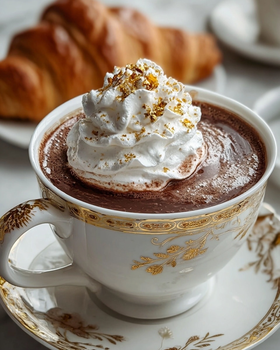 A white cup with a gold rim and gold script holds a dark brown hot chocolate topped with a large swirl of white whipped cream. On top of the whipped cream, there are thin shavings of dark chocolate scattered evenly. The cup sits on a white saucer with light brown specks, placed on a neutral-colored cloth with a soft texture, all set against a white marbled surface. In the background, there is a blurred golden-brown croissant. photo taken with an iphone --ar 4:5 --v 7