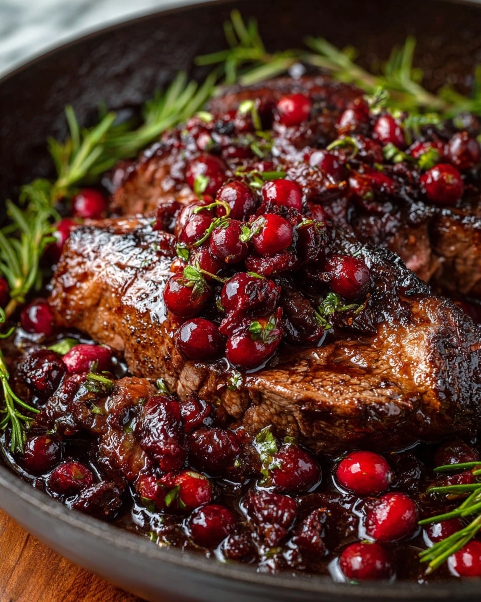A close-up view of a cooked steak with a dark, crispy outer layer and juicy, tender brown meat inside. The steak is covered with a shiny, thick sauce that has many bright red cranberries and small green herb leaves scattered on top. Around the steak, there are fresh green rosemary sprigs adding texture and color. The dish is placed in a black pan with a wooden surface underneath, all set on a white marbled texture. photo taken with an iphone --ar 4:5 --v 7
