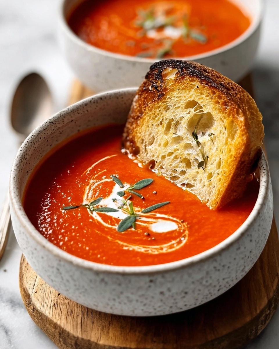 The image shows a bowl filled with smooth, bright red tomato soup topped with a swirl of cream and small green herb sprigs in the center. The soup has a soft texture and a vibrant color. A golden toasted slice of bread with a crunchy crust and visible air pockets is partially dipped into the soup, resting on the edge of the bowl. The bowl is white with a speckled pattern and sits on a round wooden board, all placed on a white marbled surface. Another similar bowl of soup is visible blurred in the background. A spoon lies nearby on the surface. Photo taken with an iphone --ar 4:5 --v 7