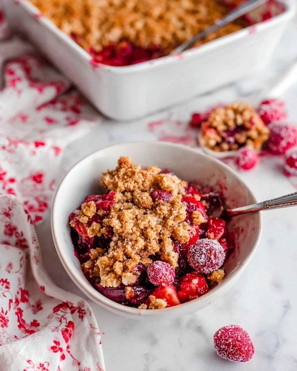 A close-up of a white bowl filled with a fruit crumble dessert, showing three layers: a bottom layer of juicy red and purple fruit pieces, a thick middle layer of chunky, golden-brown oat crumble topping mixed with bits of fruit, and some whole sugared red berries on top. In the background, there is a white rectangular baking dish with more crumble filled inside, visible from the side with a golden, crispy top layer. Scattered sugared berries and a white spoon holding some crumble rest on a white marbled surface next to a white cloth with red floral patterns. Photo taken with an iphone --ar 4:5 --v 7