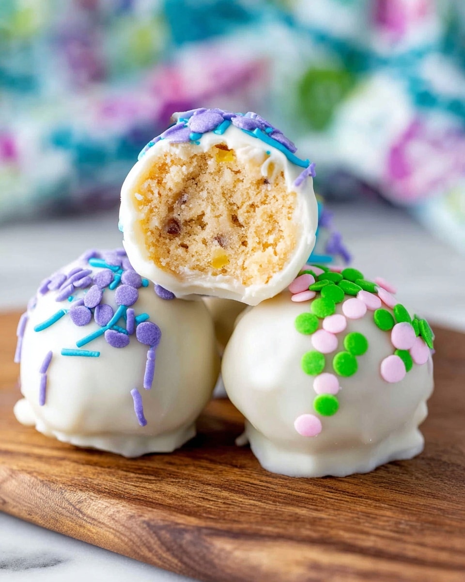 The image shows three round cake balls on a wooden board placed on a white marbled surface. Each cake ball is coated with smooth white icing. Two cake balls are decorated with bright sprinkles, one with small purple circles and beads, and the other with small blue circles and lines. The third cake ball at the top center is cut in half, revealing a light tan inner layer with a soft, crumbly texture and bits of darker spots inside. The outer white icing of this cake ball is decorated with green and pink round sprinkles. The background is softly blurred, showing hints of colorful patterns. Photo taken with an iphone --ar 4:5 --v 7