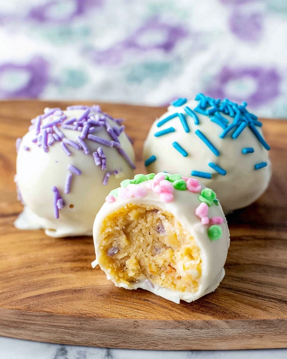 Three round cake balls sit on a wooden board with a white marbled texture background. Each ball is covered in smooth white chocolate and decorated with small colorful sprinkles. The left ball has purple round sprinkles, the right ball has blue round and stick-shaped sprinkles, and the top ball, which is cut in half, shows a soft, golden beige inside texture with bits of darker pieces, while its white chocolate coating is dotted with pink and green round sprinkles. photo taken with an iphone --ar 4:5 --v 7