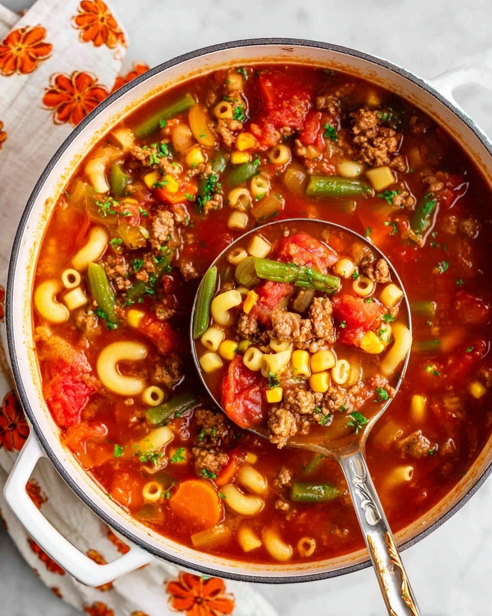 The image shows a white bowl filled with a colorful macaroni soup. The soup has curved, yellow macaroni noodles mixed with small green beans, bright yellow corn kernels, diced orange carrots, and bits of ground brown meat. The broth is a rich reddish-orange color, thin in texture, and there are small green herb pieces sprinkled throughout. A silver spoon is lifting a portion of the soup, showing a close-up of the layered ingredients like macaroni, corn, peas, carrots, and meat clearly visible. The bowl sits on a surface with a white marbled texture, adding a clean and fresh look to the scene. Photo taken with an iphone --ar 4:5 --v 7