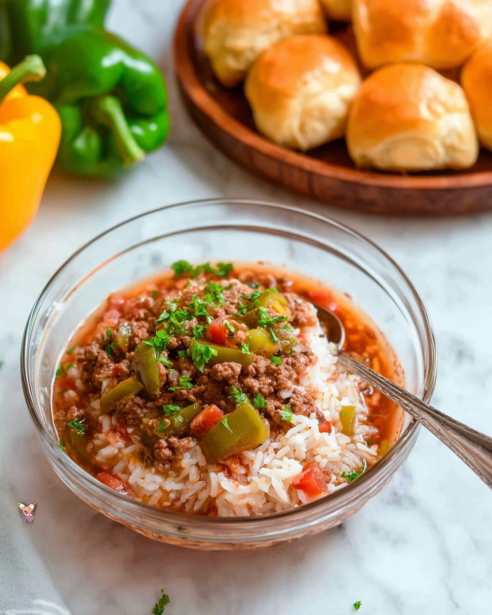 A black slow cooker bowl filled with a colorful, chunky mixture of cooked ground meat and diced vegetables, including green, yellow, and red bell peppers, all mixed in a reddish broth. The ingredients create a textured layer with bits of meat and small vegetable pieces evenly spread across the surface. A black spoon rests inside the slow cooker on the right side, partially submerged in the stew. The slow cooker is placed on a white marbled surface with a green bell pepper visible in the top left corner and a yellow-striped cloth on the top right. Photo taken with an iphone --ar 4:5 --v 7