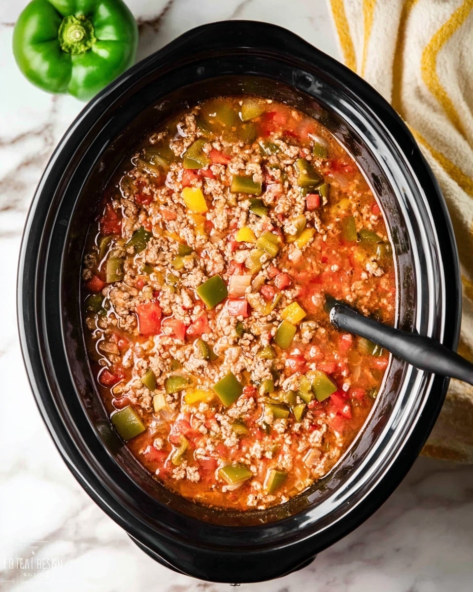 A clear glass bowl filled with a cooked dish that has three main layers: the bottom layer shows a reddish broth with small pieces of diced tomatoes, the middle layer consists of white rice mixed with ground beef and chunks of green bell peppers, and the top layer is garnished with fresh green herbs. A spoon rests inside the bowl on the right side. In the background, there is a round wooden bowl holding golden-brown bread rolls and whole green and yellow bell peppers placed on a white marbled surface. photo taken with an iphone --ar 4:5 --v 7