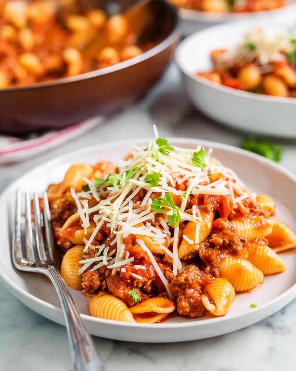 A white plate holds a dish with three main layers: at the bottom, small sea shell pasta in light beige; in the middle, a thick red sauce with ground meat and finely chopped vegetables; and on top, thin shreds of light yellow cheese and a few bright green parsley leaves. Behind the plate, there is a bowl with more of the pasta dish topped with cheese and parsley, and to the left, a large copper pan filled with the same pasta sauce with a wooden spoon inside. The scene is set on a white marbled surface with a silver fork resting beside the plate. photo taken with an iphone --ar 4:5 --v 7
