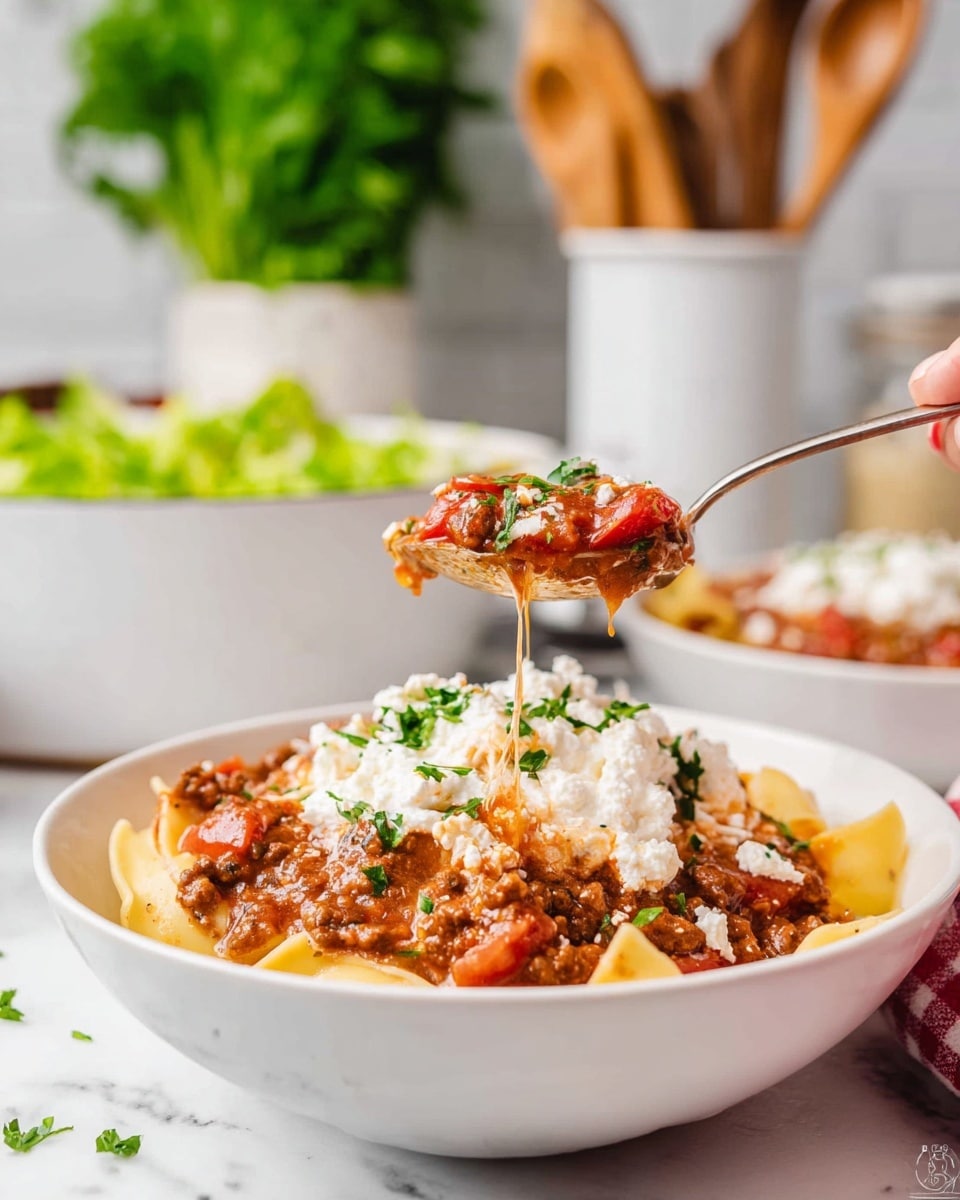 A white bowl sits on a white marbled surface, filled with three clear layers: the bottom layer is wide flat pasta with a yellow tone, covered completely by a thick brown meat sauce with chunks of red tomatoes and shiny bits of ground meat spread evenly. On top of this is a generous dollop of white creamy ricotta cheese with a lumpy texture. Bright green chopped herbs are sprinkled lightly over the cheese and sauce, adding a fresh touch. A woman's hand holds a silver spoon, dipping into the bowl and lifting up a spoonful of the sauce with tomatoes and pasta, from which some sauce drips down. In the blurred background are a white bowl with fresh green lettuce and wooden kitchen utensils in a white container. photo taken with an iphone --ar 4:5 --v 7