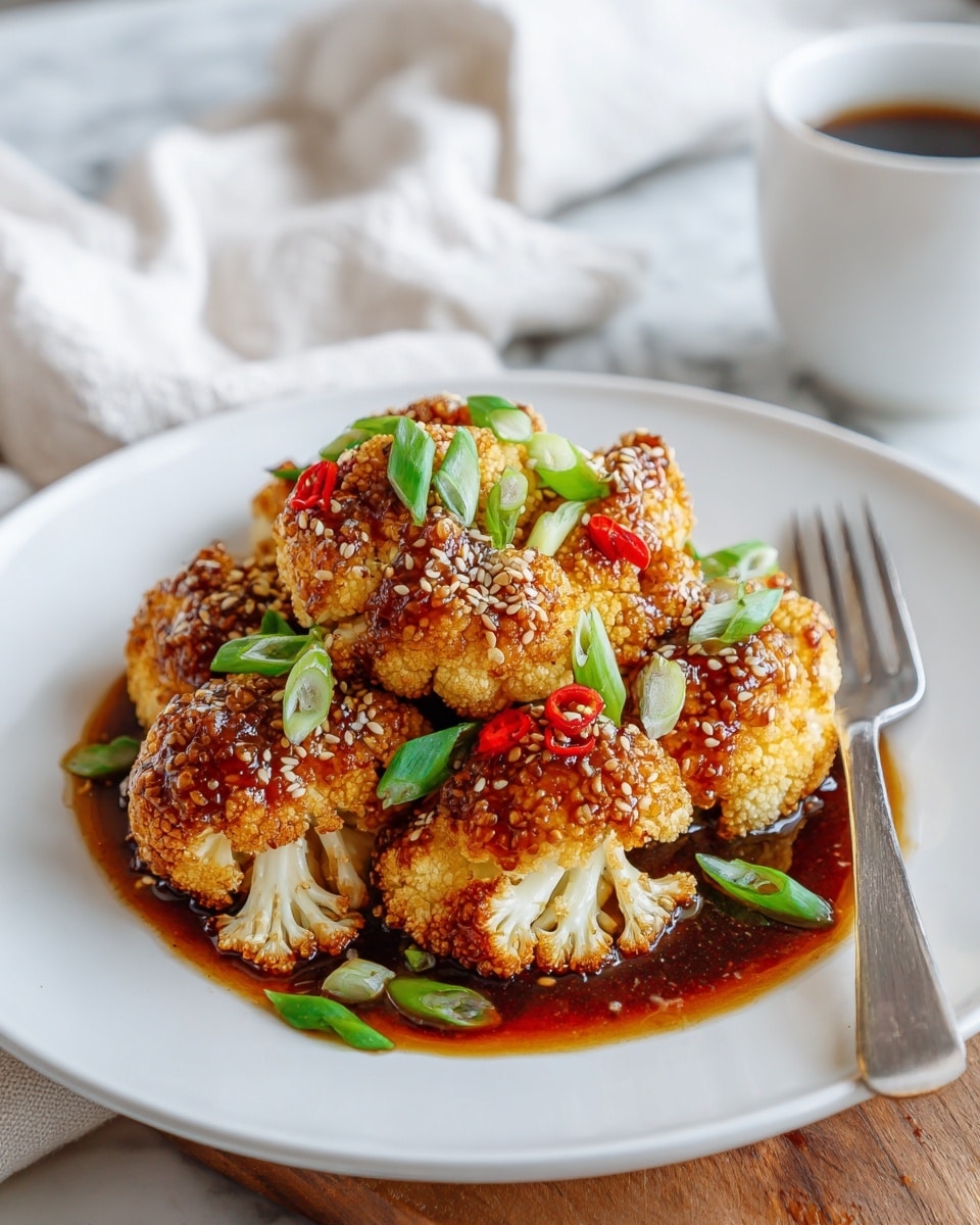 A white plate holds several roasted cauliflower florets stacked in a small pile, each floret golden brown with crispy edges. The florets are covered with a thick, glossy reddish-brown sauce that drips slightly onto the plate. On top and around the cauliflower are scattered bright green sliced scallions and a few small red chili pieces, adding color contrast. White sesame seeds are sprinkled over the sauce, giving extra texture. A silver fork is placed on the right side of the plate, and in the blurred background there is a white cup and soft white fabric on a white marbled surface. photo taken with an iphone --ar 4:5 --v 7