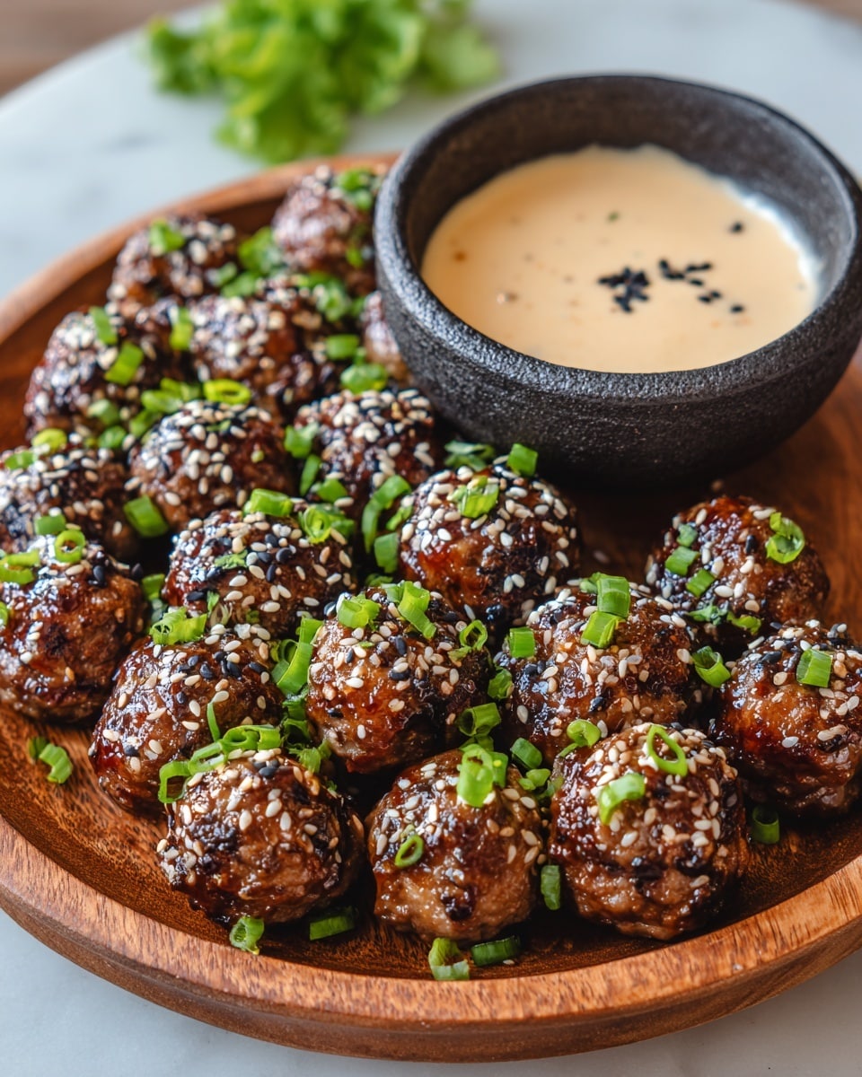 A round wooden plate holds about twenty small, shiny meatballs coated in a dark glaze and sprinkled with white and black sesame seeds. Bright green chopped scallions are scattered over the meatballs for a fresh contrast. On the right side of the plate, there is a small, rough black bowl filled with a creamy, light beige dipping sauce with a few small dark specks on top. The plate is placed on a white marbled surface with some blurred green lettuce leaves visible in the background. photo taken with an iphone --ar 4:5 --v 7