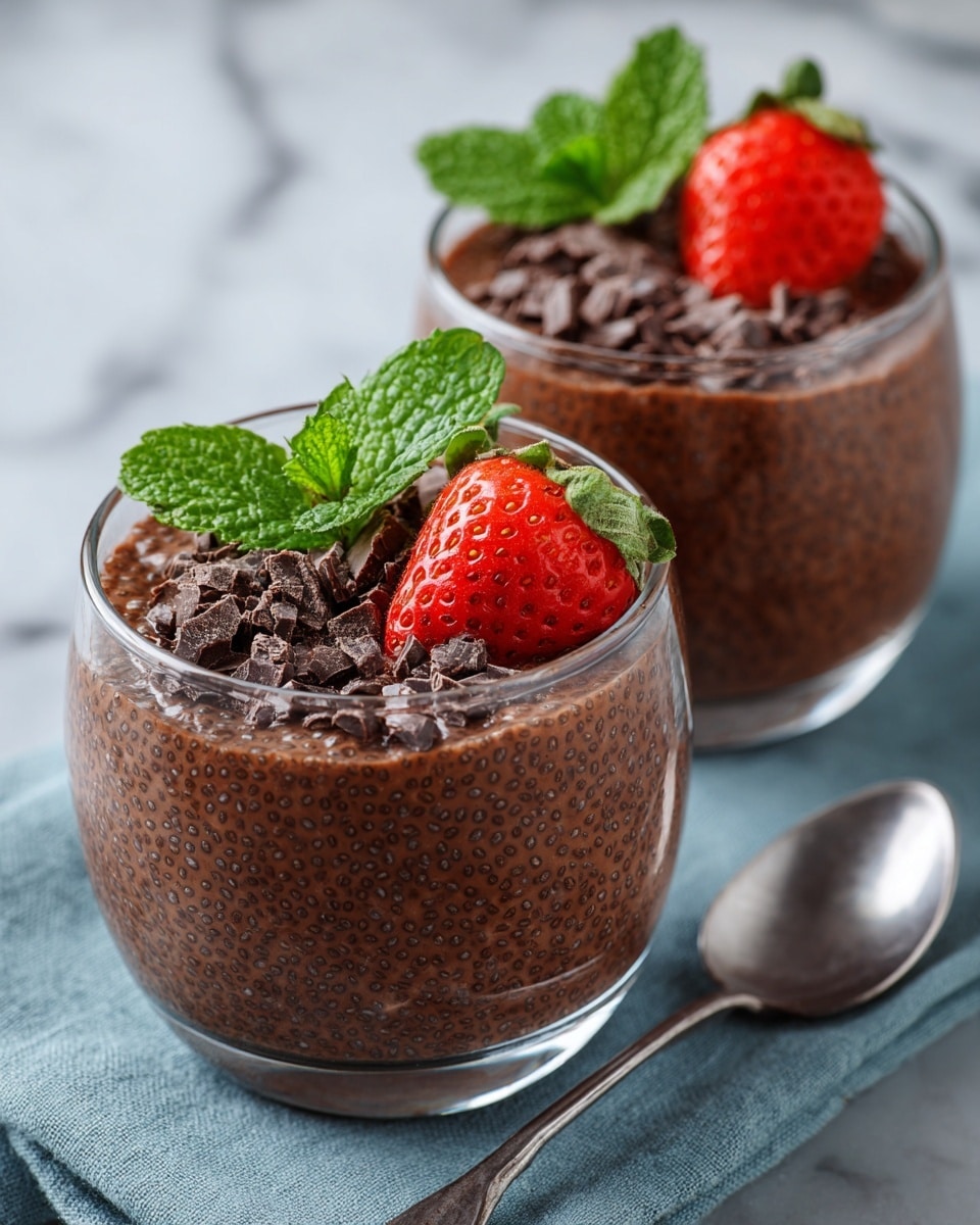 Two clear glass cups filled with a thick dark brown chocolate chia pudding showing the textured chia seeds throughout. Each cup is topped with small dark chocolate shavings, a bright red strawberry positioned on one side, and a fresh green mint leaf next to the strawberry, adding a pop of color. The cups sit on a light blue cloth with a silver spoon placed beside them on a white marbled surface. The focus is sharp on the front cup, with the second cup softly blurred in the background. photo taken with an iphone --ar 4:5 --v 7
