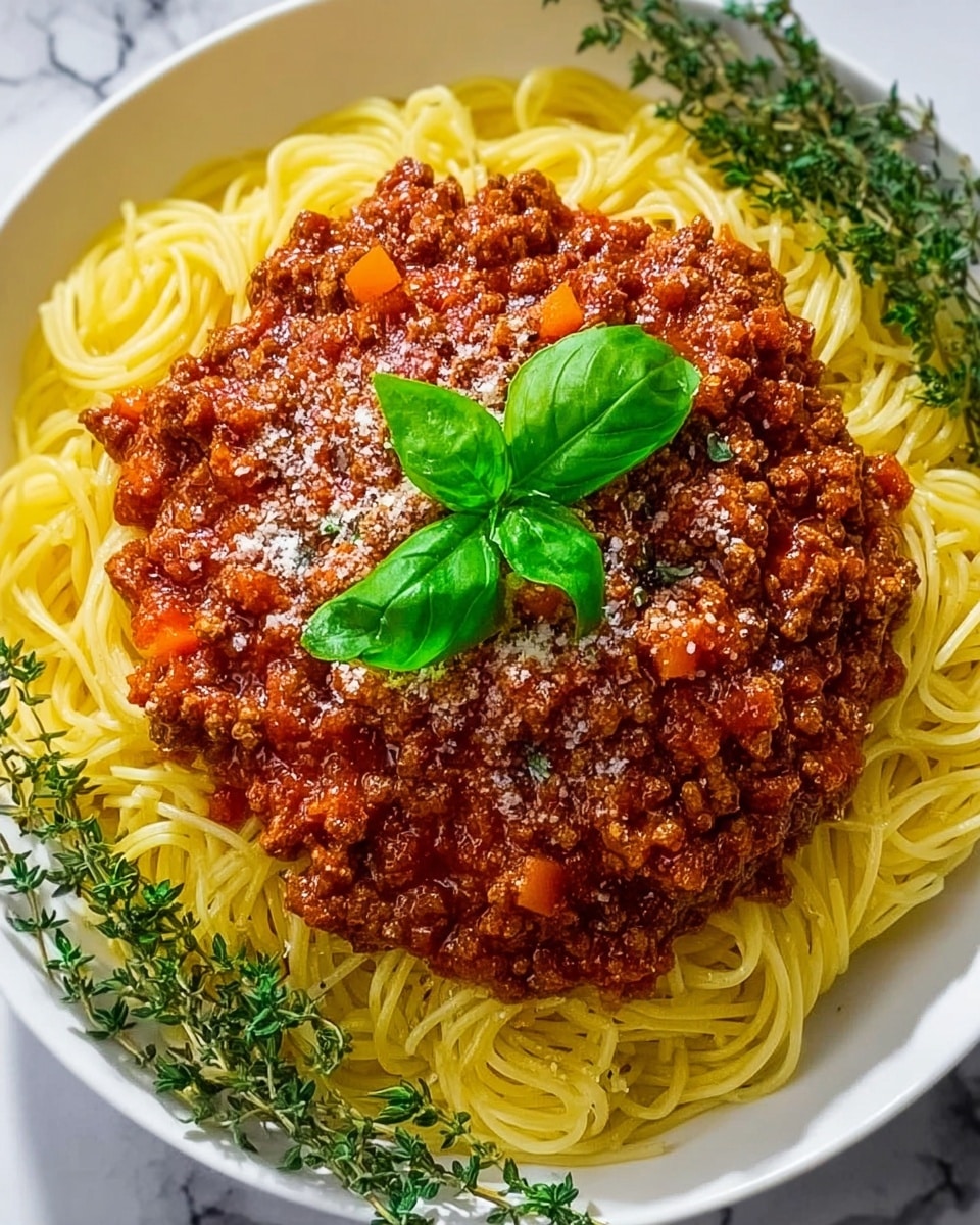 A white plate holds a serving of plain yellow spaghetti arranged in a neat circle as the base layer. On top is a thick layer of rich brown and red meat sauce with visible chunks of ground meat and small orange carrot pieces. The sauce is sprinkled lightly with grated white cheese and garnished with bright green fresh basil leaves in the center. Around the edge of the plate, fresh green thyme sprigs add a touch of color. The dish is set against a white marbled surface. Photo taken with an iphone --ar 4:5 --v 7