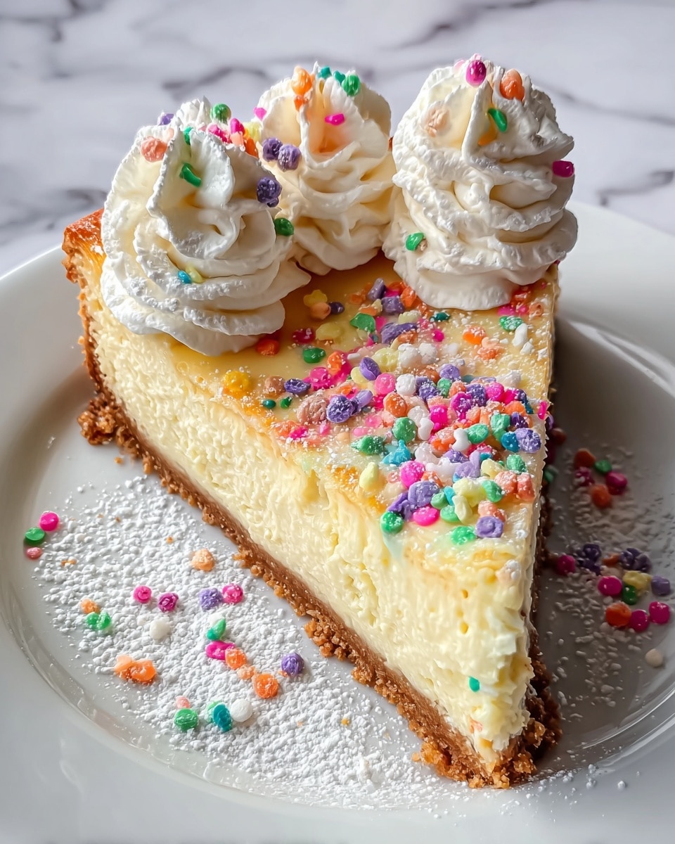 A single slice of cheesecake with two visible layers: the bottom layer is a light brown crust that looks crumbly, and the thick top layer is creamy pale yellow with a slightly golden top surface. On top of the cheesecake slice, there are four swirls of white whipped cream, each decorated with colorful sprinkle pieces in orange, pink, green, purple, and blue. The slice is dusted with powdered sugar, with some powdered sugar and sprinkles also scattered on the white plate beneath it. The background shows a white marbled texture. photo taken with an iphone --ar 4:5 --v 7