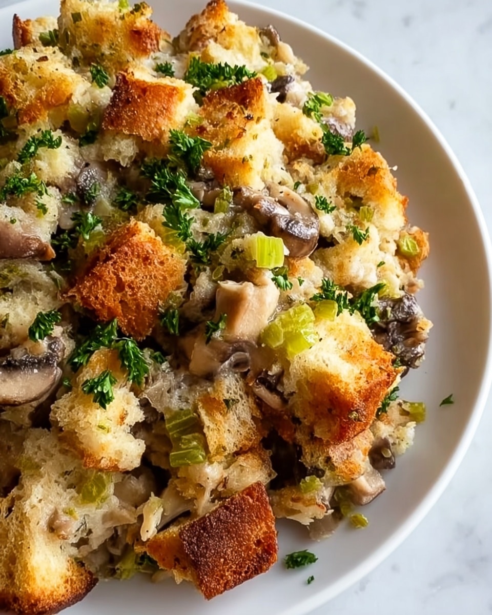 A close-up image of a dish featuring chunky bread pieces that are golden brown and slightly crispy on the edges, mixed with soft, creamy layers of cooked mushrooms and small bits of green vegetables, likely celery or herbs. The bread is unevenly torn, interspersed with moist, creamy textures from the mushroom mixture. Fresh green parsley is sprinkled on top, adding a bright touch to the warm, earthy tones. The food is placed on a white plate, set against a white marbled surface. photo taken with an iphone --ar 4:5 --v 7