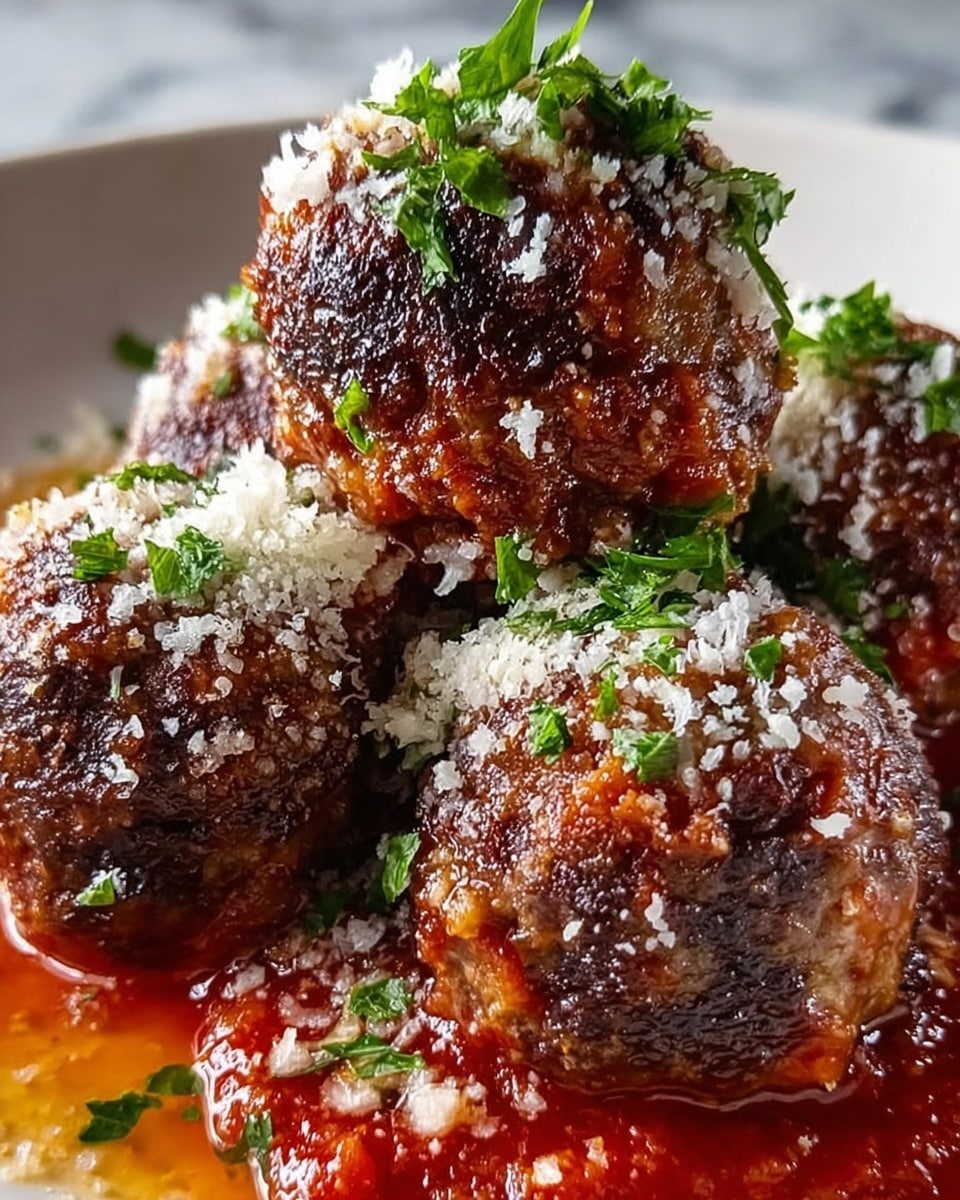 The image shows a close-up of five meatballs stacked together on a white plate, each meatball having a dark, crispy browned exterior with a rough texture. The meatballs are covered in bright red tomato sauce that pools beneath them on the plate. On top of the meatballs is a generous sprinkle of finely grated white cheese and small pieces of fresh green parsley, adding color contrast and texture. The background is a white marbled surface that softly blurs in the distance, focusing attention on the meatballs. photo taken with an iphone --ar 4:5 --v 7