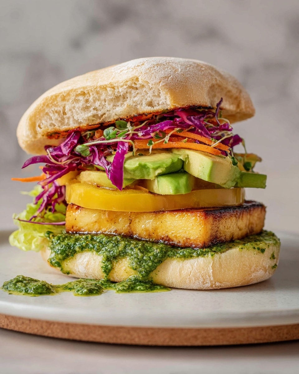 A sandwich is shown with a white ciabatta bun, lightly toasted on top and bottom. The bottom layer has bright green lettuce with a spread of green pesto sauce. Above it sits a thick, golden-brown grilled tofu slice. Next is a thick slice of yellow tomato, followed by pieces of green avocado. On top of the avocado, there is a heap of shredded purple cabbage mixed with thin orange carrot strips. Green pesto sauce is spread on the inside of the top bun and drips slightly down the side. The sandwich is placed on a white plate with a white marbled surface in the background. Photo taken with an iphone --ar 4:5 --v 7