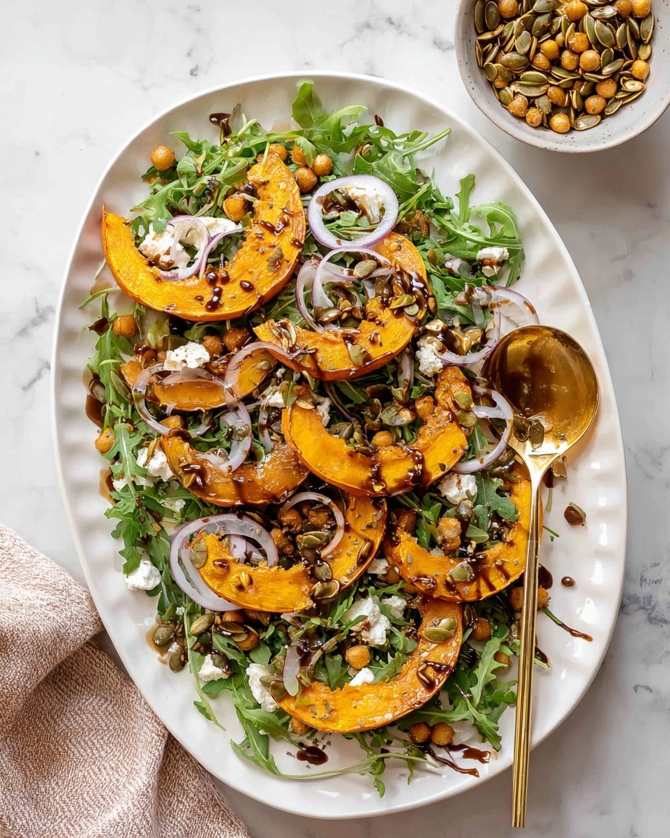 A white oval plate holds a colorful layered salad on a white marbled surface. The bottom layer is fresh green arugula and leafy herbs, topped with thin, translucent white onion slices. Above this, five large, bright orange roasted pumpkin wedges are arranged evenly, each with a slightly charred texture. Scattered on top are golden brown chickpeas and toasted pumpkin seeds. Small chunks of crumbly white cheese add contrast throughout the dish. A shiny dark brown dressing is drizzled over all layers, pooling slightly on the plate near a gold spoon resting on the left side. In the top right corner, a small white bowl filled with more toasted pumpkin seeds completes the scene. Photo taken with an iphone --ar 4:5 --v 7