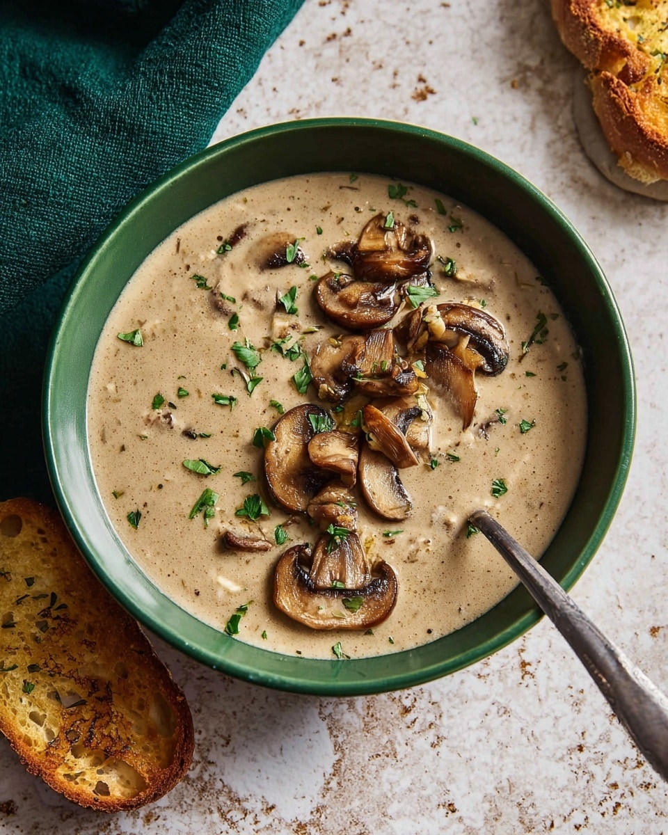 A bowl filled with creamy, light tan mushroom soup that has a smooth texture with small chunks of mushrooms throughout. On top, there are several whole and sliced sautéed mushrooms in brown shades, garnished with small bits of fresh green herbs. A silver spoon is resting inside the bowl. The bowl is white with a green interior. The setting includes a white marbled texture surface and a piece of toasted bread with a golden-brown crust on the side. photo taken with an iphone --ar 4:5 --v 7