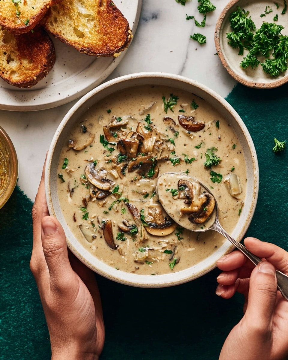 A deep white bowl filled with creamy mushroom soup that has a smooth light beige base with visible slices of cooked brown mushrooms and fresh green herbs sprinkled on top. The soup is thick and textured with small chunks of mushrooms throughout. A spoon is scooping up some soup from the right side, held by a woman's hand, while another woman's hand holds the bowl on the left side. Around the bowl, there are two pieces of toasted golden brown bread placed on a white plate, along with a small white dish holding fresh green parsley leaves, all set on a white marbled surface. photo taken with an iphone --ar 4:5 --v 7