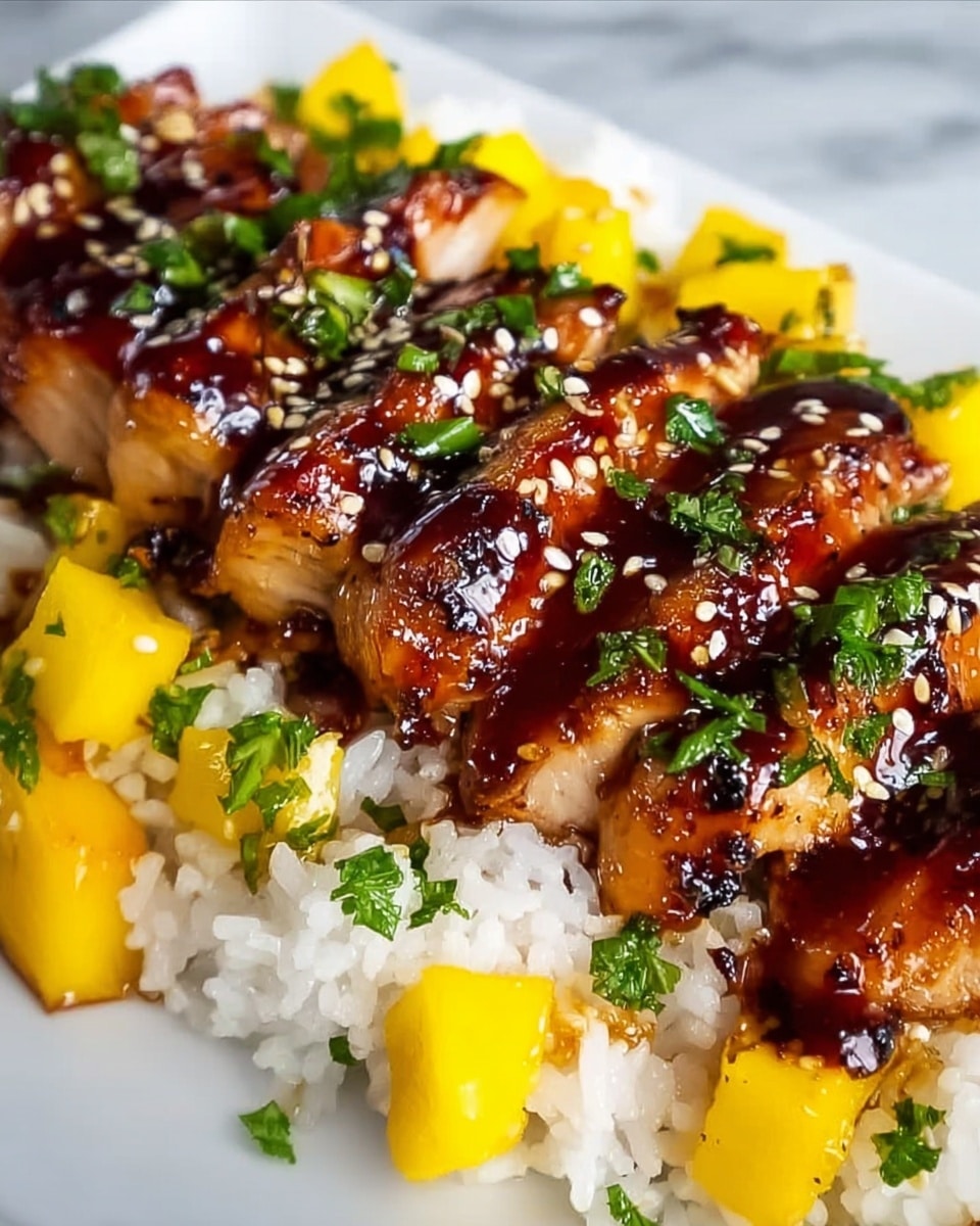 The dish shows grilled chicken pieces cut into thick slices, arranged in a neat row on top of a bed of white rice. The chicken has a shiny dark brown glaze with hints of char and is sprinkled with sesame seeds and chopped green herbs. There are small yellow mango chunks placed around the chicken, adding bright spots of color. The rice is fluffy and visible beneath the chicken, with a few green herb leaves scattered over it. All this sits on a white plate, with a white marbled surface in the background. Photo taken with an iphone --ar 4:5 --v 7