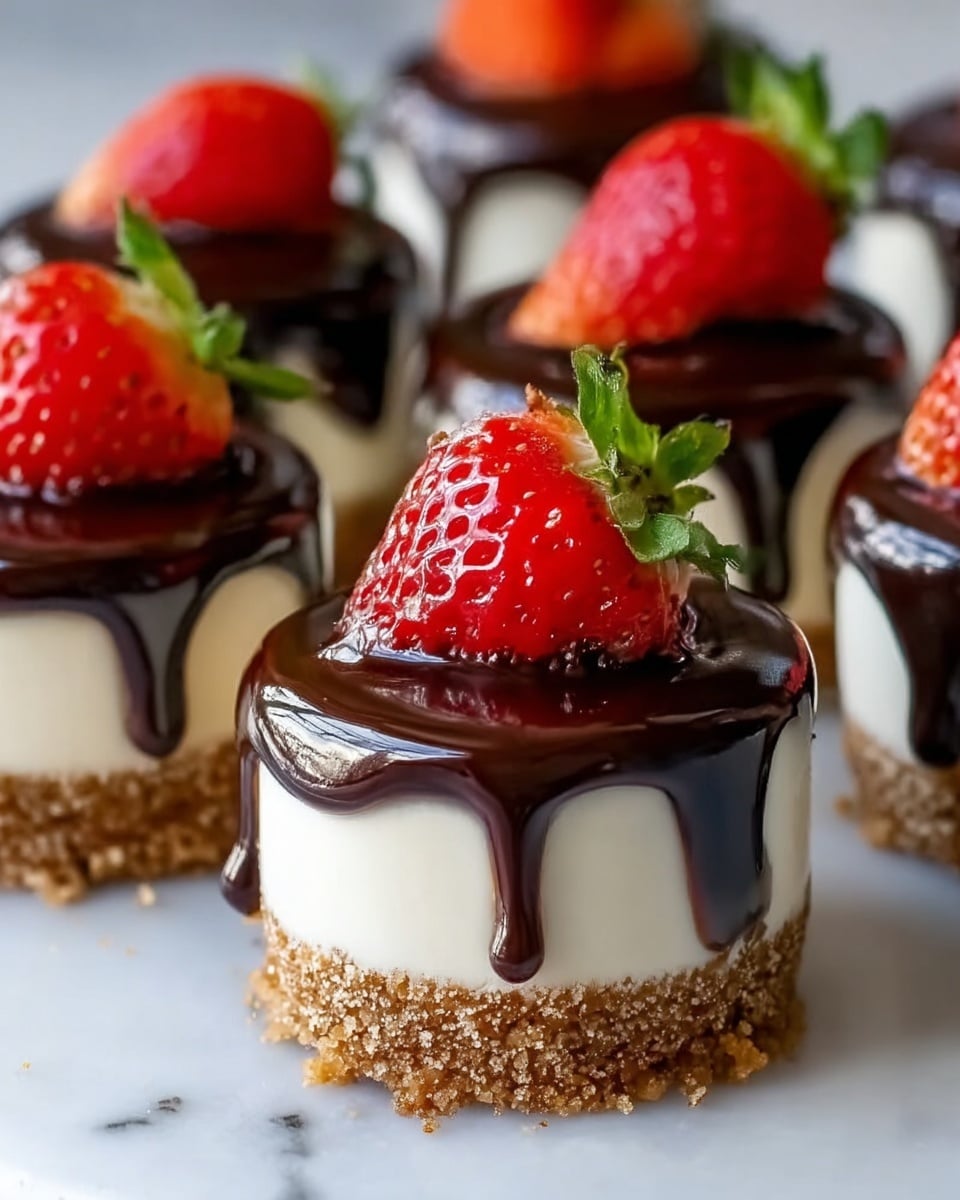 The image shows mini layered desserts placed on a white marbled surface. Each dessert has three clear layers: the bottom layer is light brown and crumbly like crushed cookies, the middle layer is white and smooth like creamy cheesecake, and the top layer is dark brown, glossy chocolate sauce that drips slightly down the sides. On top of each dessert sits a bright red, fresh strawberry with green leafy tops, adding a vibrant color contrast. The desserts are small, round, and neatly made, with sharp edges where each layer meets. photo taken with an iphone --ar 4:5 --v 7