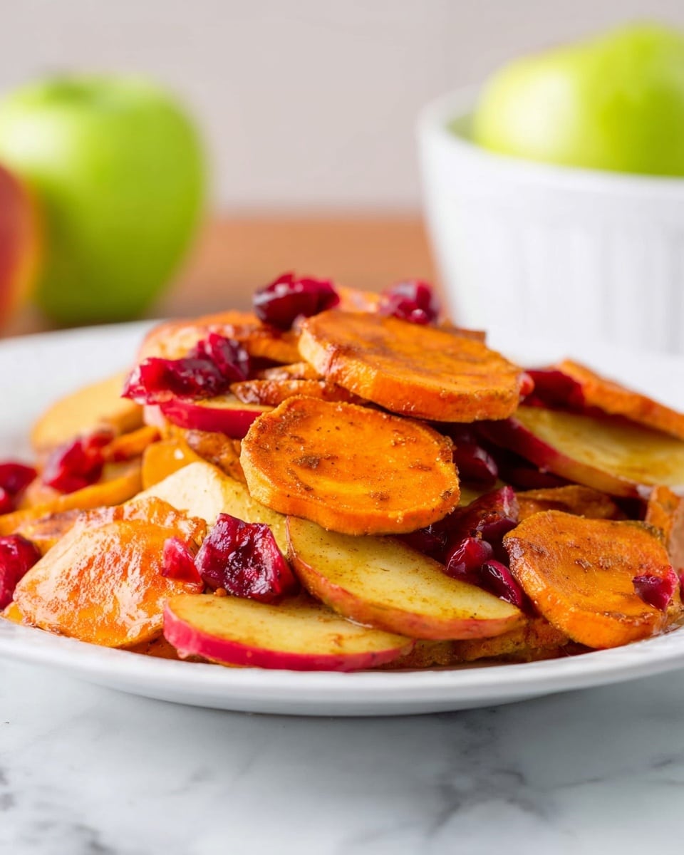A white plate filled with a mix of sliced sweet potatoes and apples, both showing a warm orange and yellow color with a slight cinnamon or spice coating, scattered with bright red cranberries throughout. The slices are thin and layered in a mixed, uneven pile that shows different textures: the soft cooked look of the sweet potatoes and the slightly crisp, juicy apples. The plate is placed on a white marbled surface, with blurred background objects including a green apple and white bowl. Photo taken with an iphone --ar 4:5 --v 7