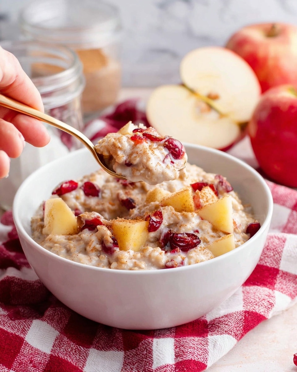 A white bowl filled with creamy oatmeal mixed with chunks of yellow apple and red cranberries, topped with a light sprinkle of brown cinnamon. A woman's hand holds a gold spoon scooping up a mixture of the oatmeal, apples, and cranberries, showing a thick and slightly chunky texture. In the background, there is a half apple with seeds visible, a clear glass jar, and a white bowl with a light brown topping, all set on a red and white checkered cloth over a white marbled surface. The overall look is warm and inviting with soft natural lighting. photo taken with an iphone --ar 4:5 --v 7