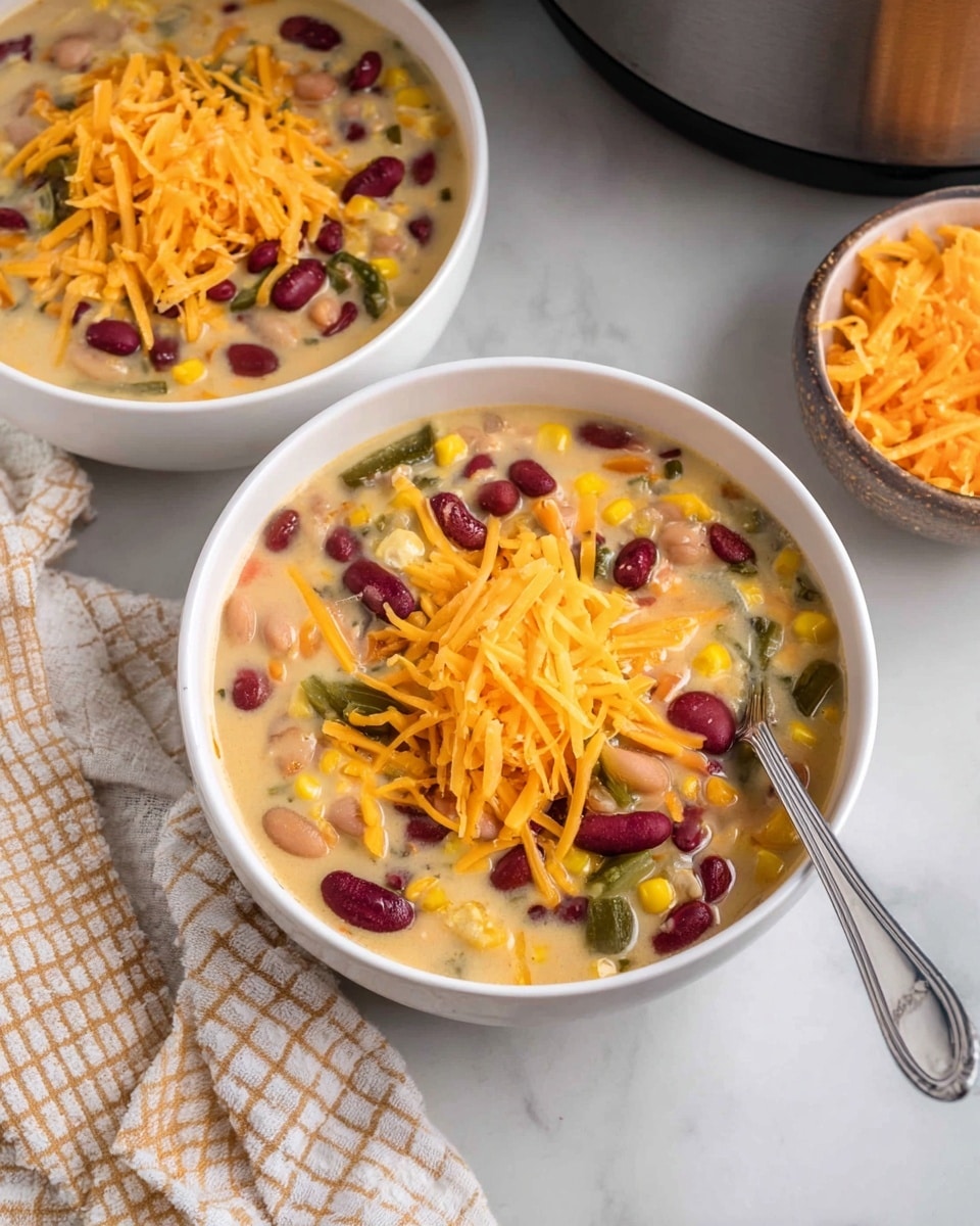 Two white bowls filled with creamy bean soup are on a white marbled surface. Each bowl contains three visible layers: the bottom layer is a creamy light yellow broth, filled with kidney beans in dark red, pinto beans in light brown, yellow corn kernels, and small pieces of green vegetables. On top of this is a bright layer of shredded cheddar cheese with a rich orange color, piled in the center of the soup. One bowl has a silver spoon inside it. In the background, there is a small white bowl also filled with shredded cheddar cheese. A pot is partially visible behind the bowls, and a white cloth with a beige and yellow checkered pattern lies nearby. photo taken with an iphone --ar 4:5 --v 7