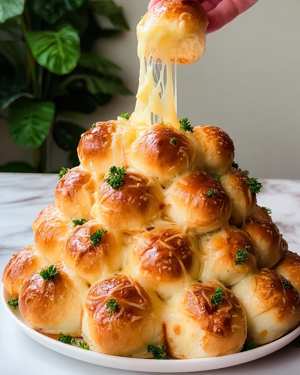 A tall pyramid of golden-brown baked cheese balls sits on a white plate, each ball topped with melted, slightly browned cheese giving a shiny, bubbly texture. The balls are packed tightly, showing smooth, round dough with hints of crispy edges. Some green parsley leaves are scattered across the pyramid for a fresh contrast in color. A woman's hand lifts one ball from the top, pulling it apart and revealing stretchy, gooey white melted cheese inside. The setting is a softly blurred kitchen with white marbled countertop beneath the plate. photo taken with an iphone --ar 4:5 --v 7