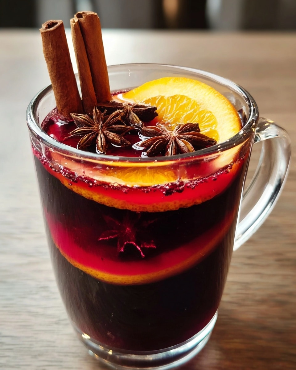 A clear glass mug filled with a dark red liquid, showing two visible layers: a deeper red layer at the bottom and a slightly lighter red layer on top. Floating on the surface are two cinnamon sticks standing upright and several star anise pieces spread evenly. There are two bright orange slices partially submerged, one lying flat near the bottom and another resting upright against the rim of the glass. The mug is placed on a wooden surface with a soft focus background. Photo taken with an iphone --ar 4:5 --v 7