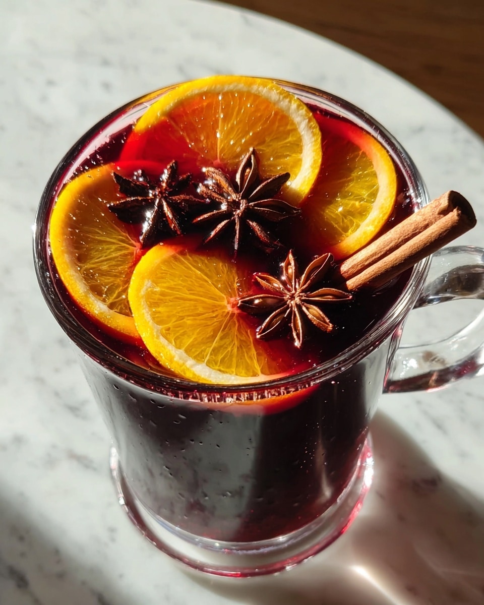 A clear glass mug filled with dark red liquid, topped with several thin orange slices with a bright yellow rim, and whole star anise pods floating on top. A single cinnamon stick rests among the orange slices and star anise, adding texture and a warm brown color to the mix. The drink is placed on a white marbled surface with soft natural light casting gentle shadows around it, highlighting the glossy surface of the liquid and the vibrant colors of the garnishes. Photo taken with an iphone --ar 4:5 --v 7
