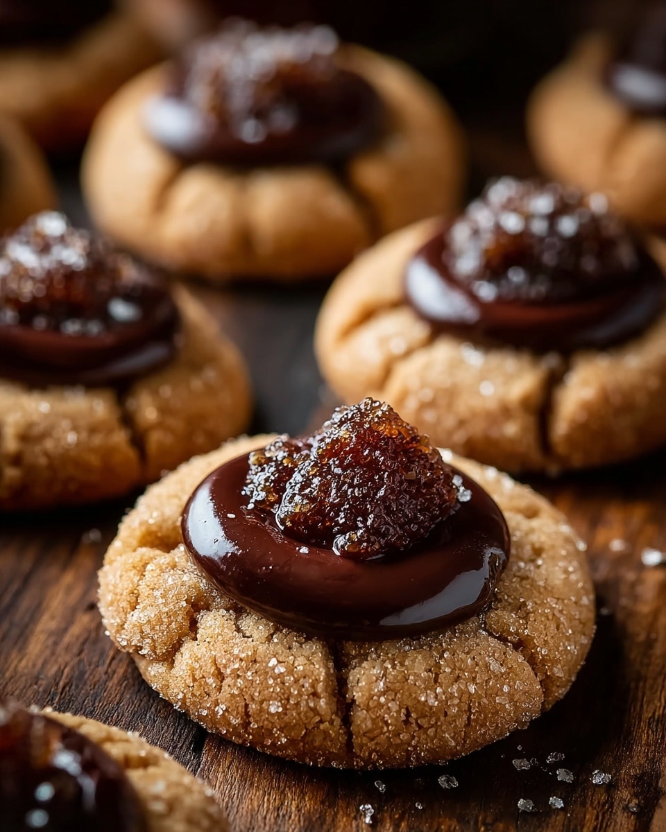 The image shows several round cookies arranged on a dark wooden surface changed to a white marbled texture, each cookie having two main layers: a rough-looking, light brown base covered with sugar crystals and cracked edges, and on top, a thick ring of glossy dark chocolate, with a small mound of a chunkier, darker spread centered inside the ring, sprinkled lightly with coarse sugar crystals. The cookies are close together, with a soft focus on those behind the front cookie, capturing their detailed texture under warm light. photo taken with an iphone --ar 4:5 --v 7