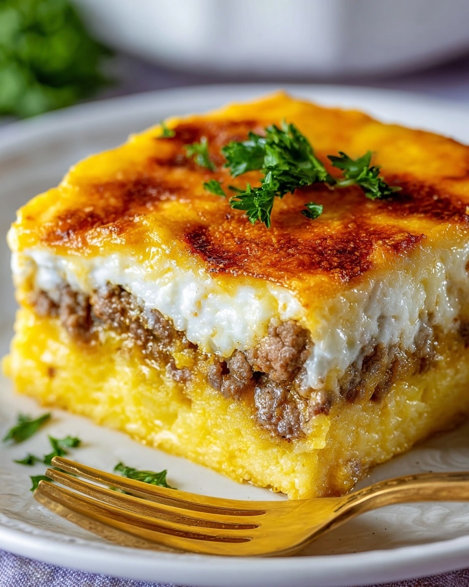 A close-up image of a square slice of layered breakfast casserole sits on a white plate with a golden fork beside it. The casserole has three visible layers: the bottom and middle layers are light yellow, soft, and fluffy scrambled eggs mixed with crumbled browned sausage pieces that add patches of light brown and beige texture. The top layer is a deeper golden-yellow, slightly browned, and baked with small browned sausage crumbles scattered on top. Sprigs of green parsley garnish the top, adding a fresh contrast. The background is a white marbled texture. photo taken with an iphone --ar 4:5 --v 7