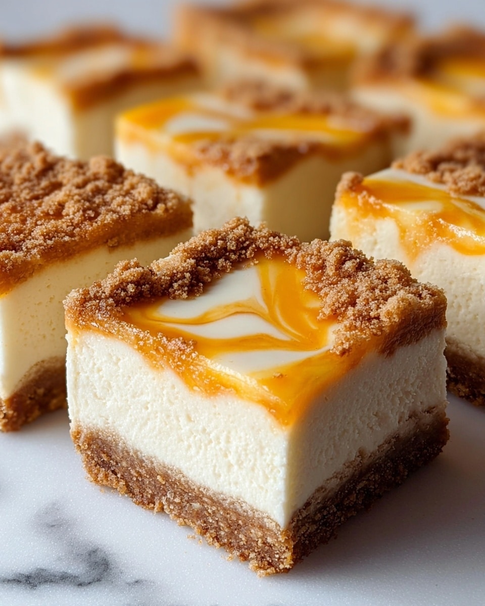 A close-up image of a square cheesecake slice with three visible layers on a white plate with speckled design, placed on a white marbled surface. The bottom layer is a thick, crumbly brown crust. The middle layer is a thick, creamy off-white cheesecake filling with a light, spongy texture. The top layer is a generous sprinkling of golden brown, coarse crumbs covering the cheesecake. Some crumbs are scattered on the plate around the slice. The background is softly blurred, showing more cheesecake slices in soft yellow and brown hues. Photo taken with an iphone --ar 4:5 --v 7