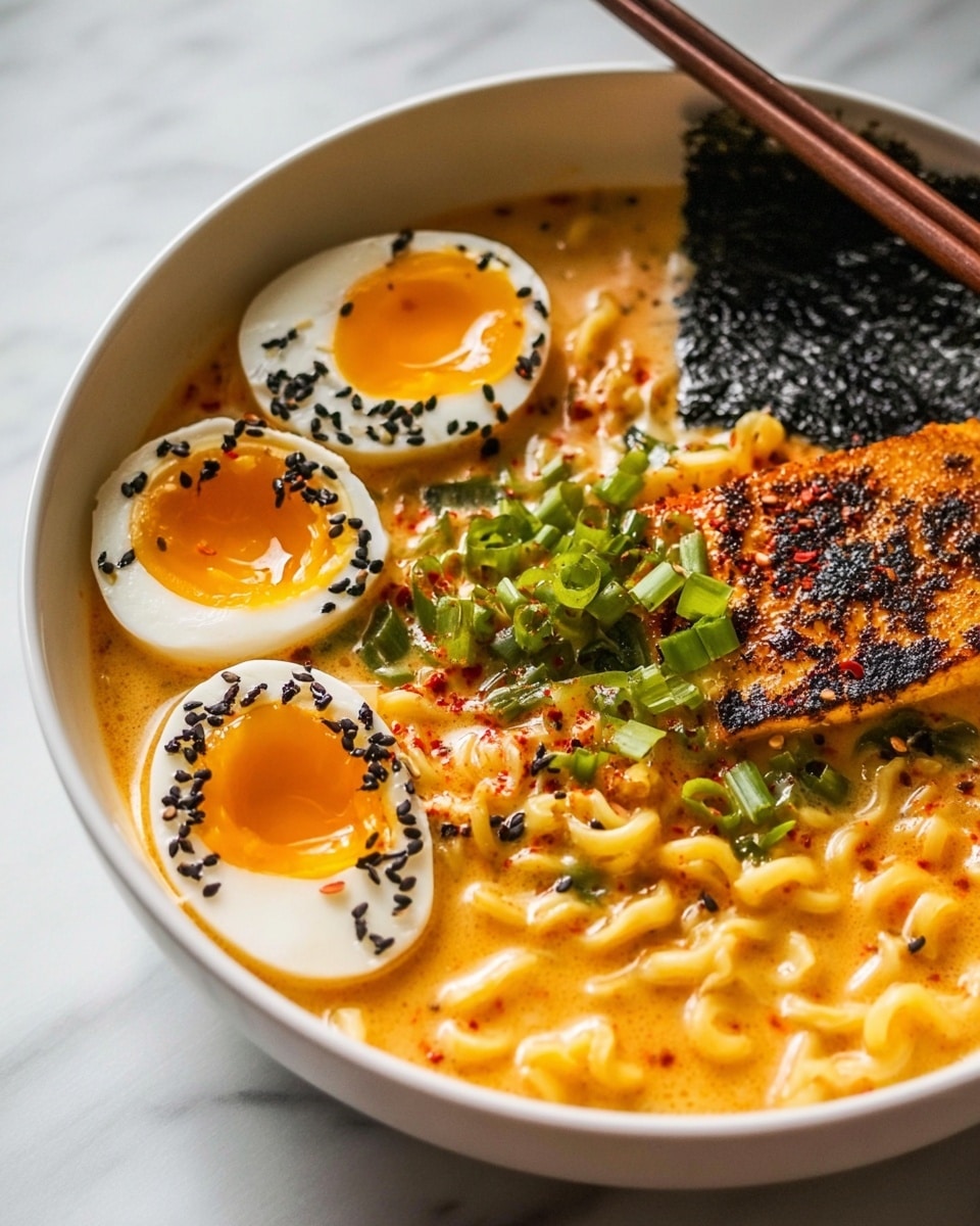 A bowl of ramen with thick, curly yellow noodles submerged in a rich, orange broth fills most of the white patterned bowl. On top, there is a halved soft-boiled egg with a bright yellow yolk and white edges on the left. Scattered over the noodles are chopped green onions, black sesame seeds, and a sprinkle of red chili powder. A wooden spoon rests inside the bowl on the right side, partially covered in black sesame seeds. The bowl sits on a white marbled surface. Photo taken with an iphone --ar 4:5 --v 7