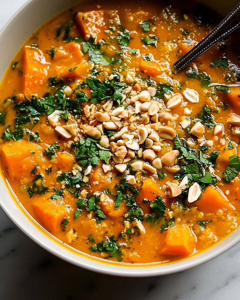 A close-up of a thick orange soup filled with chunks of soft orange vegetables, garnished with fresh chopped green herbs and a generous sprinkle of chopped light brown nuts on top. The soup is served in a round white bowl with a spoon inside, all placed on a white marbled surface. The soup texture looks creamy with visible vegetable pieces and herbs mixed throughout, creating a rich, colorful, and appetizing appearance photo taken with an iphone --ar 4:5 --v 7