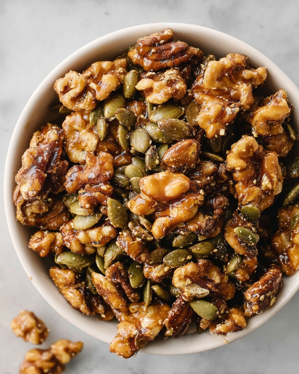 A close-up top view of a white bowl filled with a mix of glazed nuts and seeds. The mixture includes large, chunky walnut pieces with a glossy brown coating, and many small, flat, green pumpkin seeds also covered in a shiny glaze. The nuts and seeds look crunchy with a textured coating that hints at spices or herbs. Some pieces spill slightly outside the bowl onto a white marbled surface. photo taken with an iphone --ar 4:5 --v 7