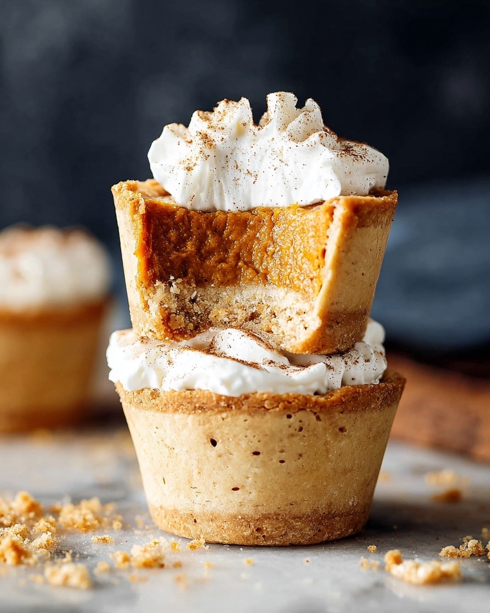 Two small golden-brown mini pies are stacked on top of each other on a white marbled surface. The bottom pie has a smooth crust with tiny spots from baking. The top pie is partly eaten, showing three layers: a thick beige crust base, a thick orange-brown pumpkin filling with a soft texture in the middle, and a fluffy white whipped cream layer on top lightly sprinkled with brown cinnamon. Crumbs and small bits of crust are scattered around. The background is out of focus with dark tones. photo taken with an iphone --ar 4:5 --v 7