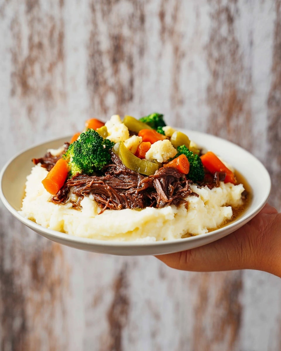A white plate is filled with three main layers: the bottom layer is smooth, creamy white mashed potatoes; the middle layer is dark brown shredded beef with visible texture and some pieces of light brown onions; the top layer has a mix of bright green broccoli florets, orange carrot slices, and white cauliflower, with a few light green peppers scattered on top. A woman's hand is holding the plate from below against a white marbled textured background. photo taken with an iphone --ar 4:5 --v 7