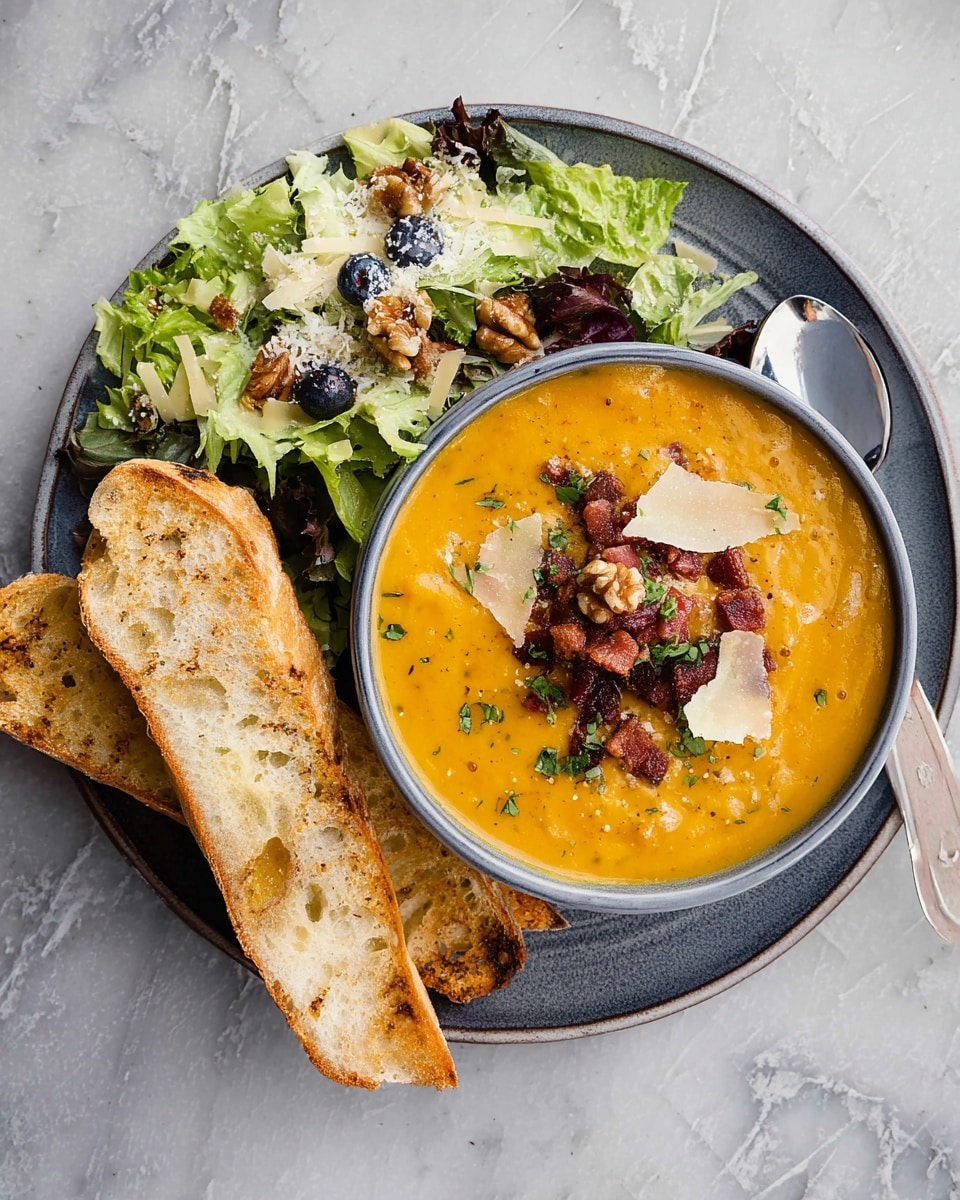 A round gray plate holds a bowl of thick, bright orange soup garnished with green herbs, crispy bacon pieces, shaved pale cheese, and walnuts on top. Next to the bowl, two long, toasted bread slices with a golden-brown crust rest partly on a bed of fresh light green lettuce mixed with blueberries, more shaved cheese, and small bacon bits. The whole plate is placed on a white marbled surface. Photo taken with an iphone --ar 4:5 --v 7
